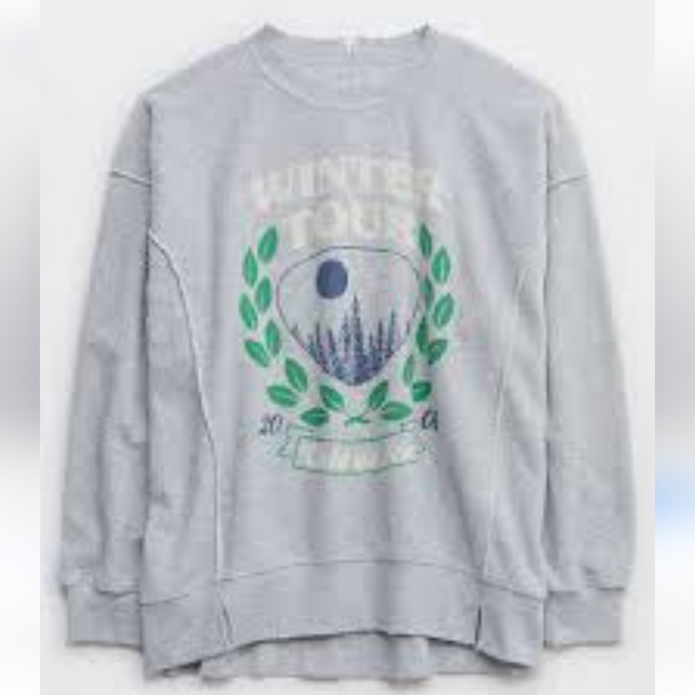 NWT Aerie Cozy Pleated Sleeve Crew Sweatshirt Winter Tour Grey Oversized XS
